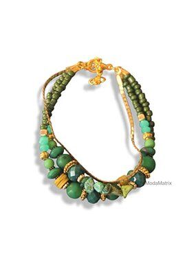 Handmade Multi Strand Beaded Ethnic Bracelet Green Gold Turkish Boho Jewelry